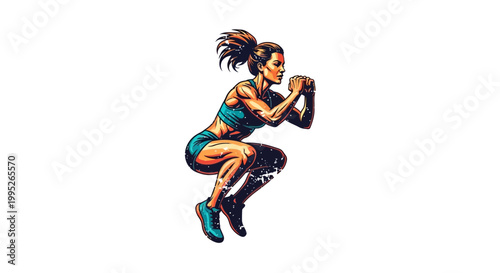 Woman performing jump squat, fitness illustration, dynamic action pose