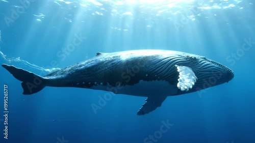 Graceful blue whale underwater beneath radiant sunbeams, full body drifting through sapphire water with surface bubbles, peaceful cinematic marine wildlife moment, vast ocean serenity and grandeur