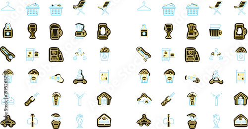 Laundry and Household Service Icon Set Featuring Washing Machine, Iron, Hanger, Basket, Cleaning Tools for Home Care, Dry Cleaning, and Maintenance Design