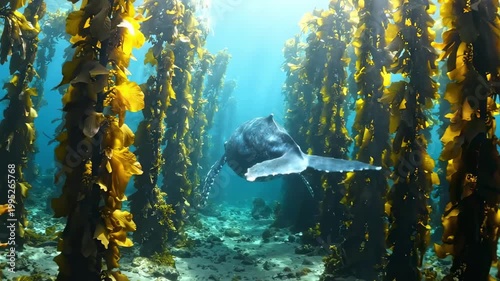 Blue whale underwater navigating a golden kelp forest corridor, atmospheric marine scene with towering seaweed, filtered light, and graceful cetacean movement, rich coastal ecosystem storytelling