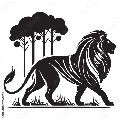 Majestic Lion Silhouette in Golden Sunset Wild African Savannah King of Jungle Powerful Predator Elegant Outline Nature Wildlife Art Minimalist Design Black Shadow Roaring Strength Courage Beauty.