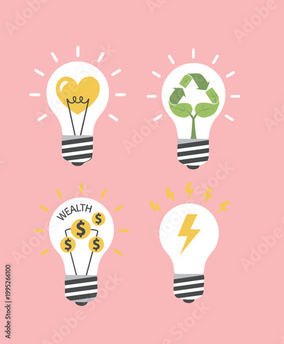 Creative Light Bulb Icons Set Representing Love, Ecology, Wealth and Power, Conceptual Vector Symbols for Heart, Recycle, Money and Energy Ideas