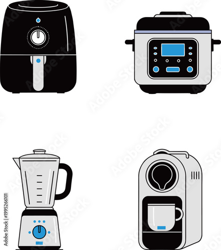 Modern Kitchen Appliances Set Including Air Fryer, Multi Cooker, Blender and Coffee Machine, Flat Vector Illustration of Household Cooking Equipment