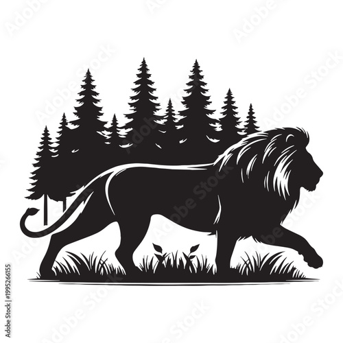 Majestic Lion Silhouette in Golden Sunset Wild African Savannah King of Jungle Powerful Predator Elegant Outline Nature Wildlife Art Minimalist Design Black Shadow Roaring Strength Courage Beauty.