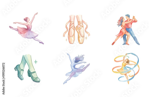 Watercolor dance icons set with ballet ballroom tap and rhythmic gymnastics dancers