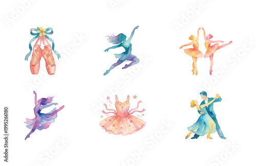 Watercolor dance icons set with ballet shoes dancers and tutu on white background
