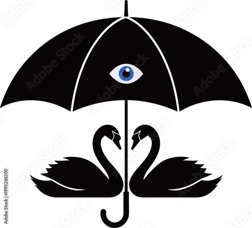 Black Umbrella Silhouette with Blue Eye and Two Symmetrical Swans, Conceptual Graphic Design Element for Protection, Vision and Romantic Love Symbols