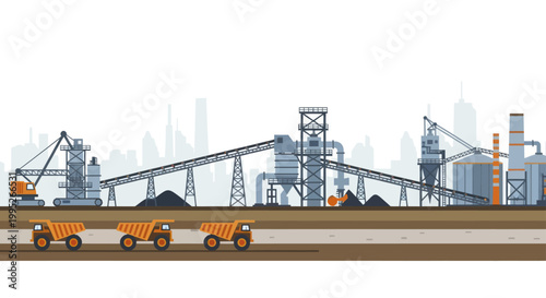Industrial mining operation with dump trucks and conveyor belts.