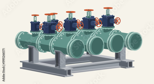 Industrial pipeline system with multiple valves and flanges.