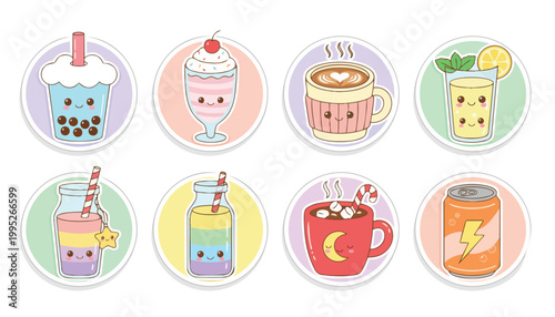 Kawaii Drinks and Hot Beverages Vector Clipart Set