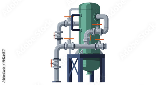 Industrial Vertical Tank with Complex Piping System.