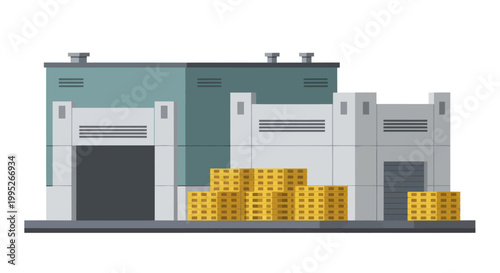 Industrial warehouse building with stacked boxes on a white background.