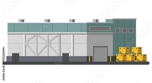 Industrial warehouse building with stacked cardboard boxes on pallets.