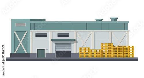 Industrial warehouse building with stacked wooden pallets outside, ready for shipping and logistics operations.