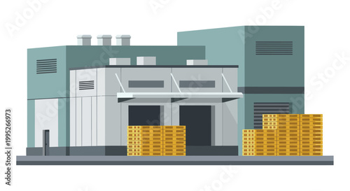 Industrial Warehouse Building with Stacks of Wooden Pallets.