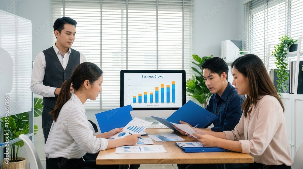 Obraz premium Group of Asian entrepreneurs planning a new business project during a collaborative meeting.