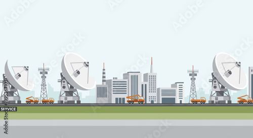 Large Satellite Dishes and Communication Towers in a Cityscape.