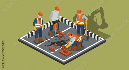 Isometric illustration of construction workers repairing a road with an excavator in the background.