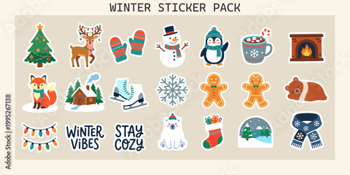 Winter Sticker Pack — 18 Cozy Holiday Designs with Fox, Penguin, Snowflakes, Fireplace & Christmas Elements