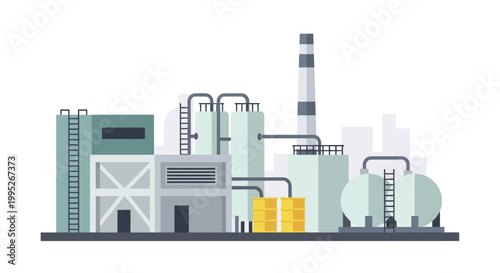 Modern Industrial Factory Building Complex with Storage Tanks and Chimney.