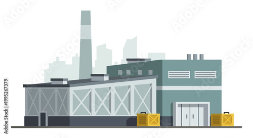 Modern Industrial Factory Building with Chimney and Cargo Boxes.