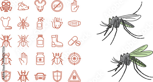 Red Outline Pest Control Protection Icon Set with Detailed Realistic Mosquito Illustration Vector Collection for Health Safety Design