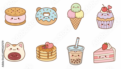Kawaii Food Set Vector Illustration Cute Desserts