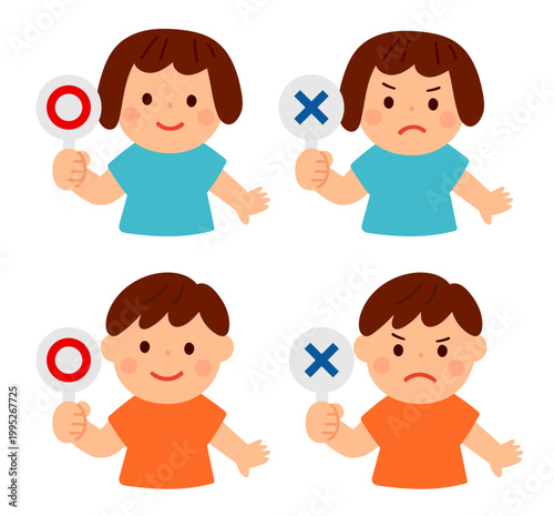 マルバツプレートを持つ子供