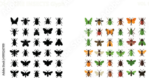 Insect Glyph Black Silhouette and Flat Colorful Butterfly Beetle Bee Bug Icon Vector Illustration Collection Set for Nature Design