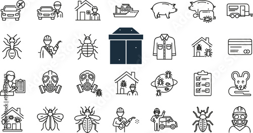 Outline Pest Control Service Icon Set Exterminator Bug House Spray Mask Mouse and Worker Vector Illustration Collection for Infographic Design