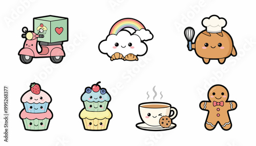 Kawaii Food and Bakery Vector Icons Set