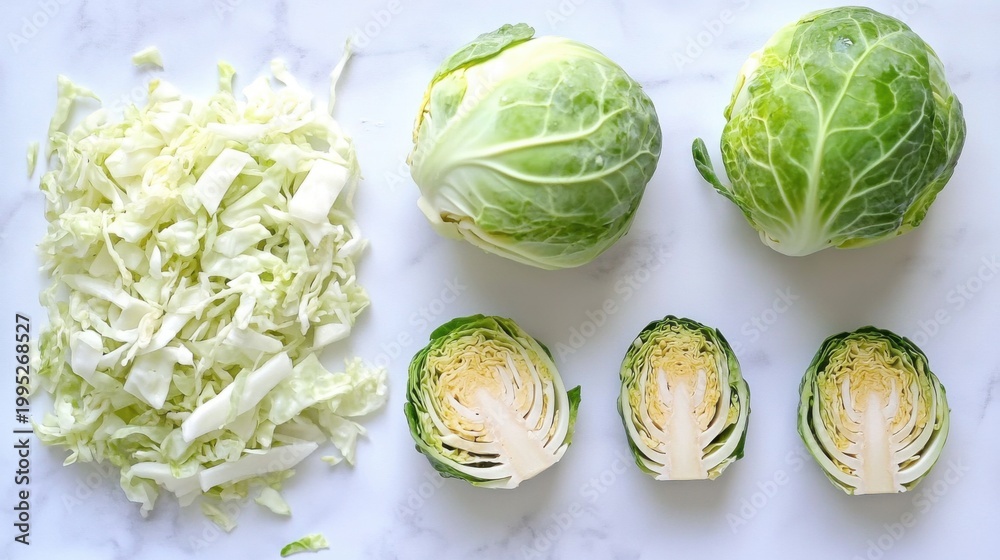 Obraz premium Fresh Green Cabbage Heads and Shredded Cabbage on White Background