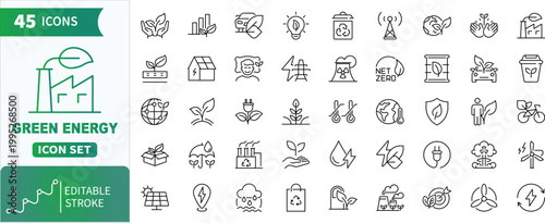 Green energy line icon set. Collection of carbon neutral, biomass, ecosystem, resources, alternative energy and more. Editable Stroke. Vector Illustration.
