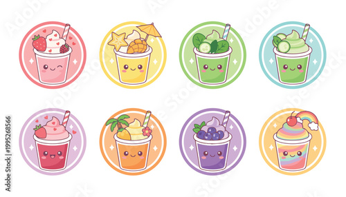 Kawaii Fruit Smoothies and Drinks Vector Icons Set