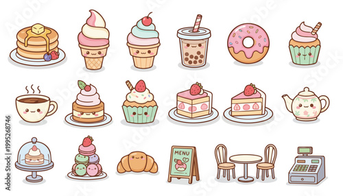 Kawaii Food Icons and Cafe Elements Vector Collection