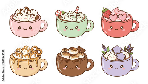 Kawaii Hot Chocolate Cups with Marshmallows Vector Illustration
