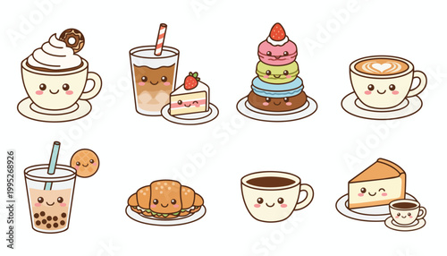 Kawaii Food Icons Coffee, Cake, Macarons, Bubble Tea, Croissant