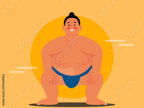 A sumo wrestler pose wearing a mawashi. Japanese illustrations. Flat vector concepts.