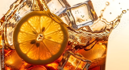 Refreshing cola drink splash with fresh lemon slice and ice cubes in close up view refreshing beverage cocktail