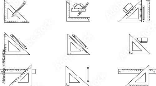Hand drawn geometry tools collection with rulers triangles pencils and erasers in clean outline monochrome vector illustration set