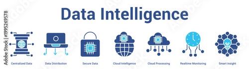 Data Intelligence web banner icon set vector illustration concept for business with icon of Centralized Data, Data Distribution, Secure Data, Cloud Intelligence, Cloud Processing, Realtime Monitori.