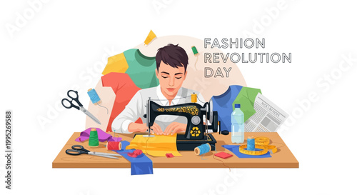 On Fashion Revolution Day, a focused designer is depicted in a vector illustration at their sewing machine, surrounded by colorful fabrics and tools on a wooden table, promoting ethical