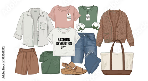 Overhead shot featuring a sustainable fashion concept with ethically produced clothing, accessories, and cotton bolls arranged on a clean white background, representing the ethical fashion