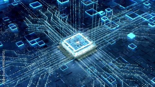 3D high tech processor chip animation, concept advanced futuristic microprocessor chip connecting with a motherboard and activates entire system, technology motherboard circuit current.