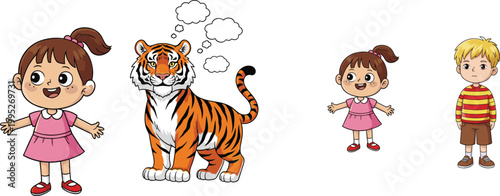 Cartoon girl imagining tiger with thought bubble and kids characters illustration set, imagination and childhood creativity concept vector design collection
