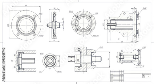 Detailed Engineering Blueprint of Mechanical Components with Dimensions.