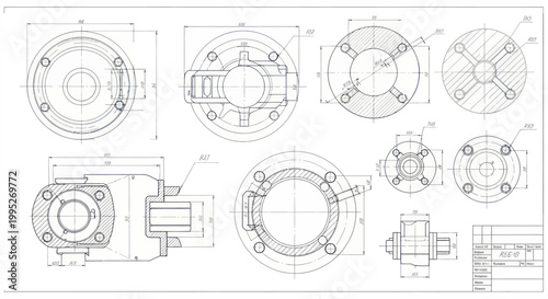 Detailed Engineering Blueprint of Mechanical Components with Dimensions.