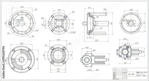 Detailed Engineering Blueprint of Mechanical Components with Dimensions and Views.