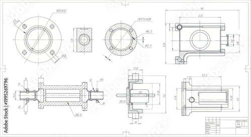 Detailed Engineering Blueprint of Mechanical Components with Dimensions and Projections.