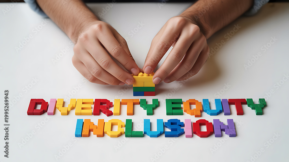 Fototapeta premium Hands building diversity equity inclusion text emphasizing teamwork and professional collaboration